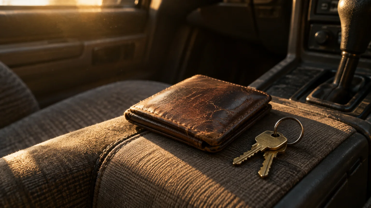 A worn brown leather wallet and brass keys resting on the fabric center console of a car in warm sunlight.