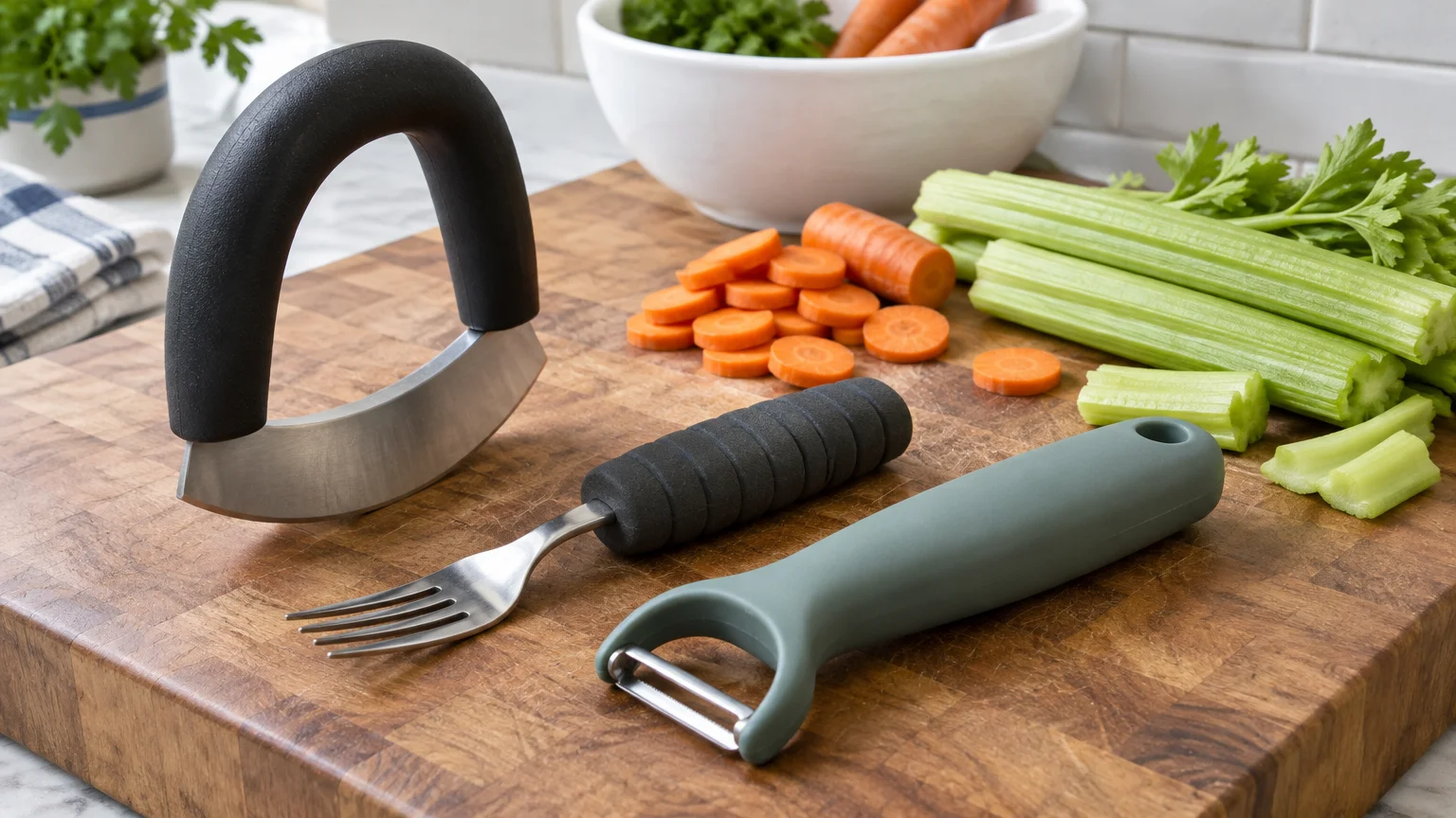 Rocker knife, fork with ribbed foam handle, and peeler on a wooden cutting board beside sliced carrots and celery.