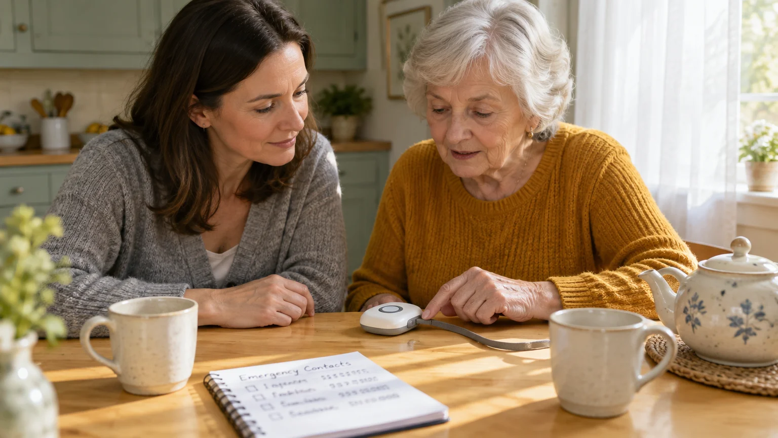 An older woman points at a white alert pendant on a table next to a younger woman, a contact list, and mugs.