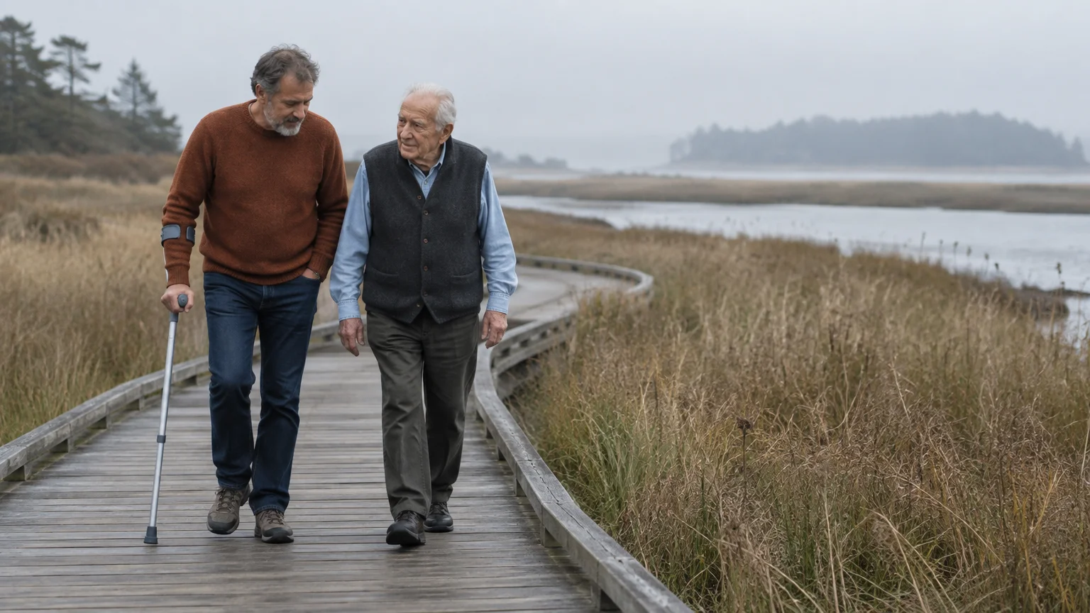 An older man and a man walking with a crutch stroll along a wooden boardwalk through grassy wetlands on an overcast day.
