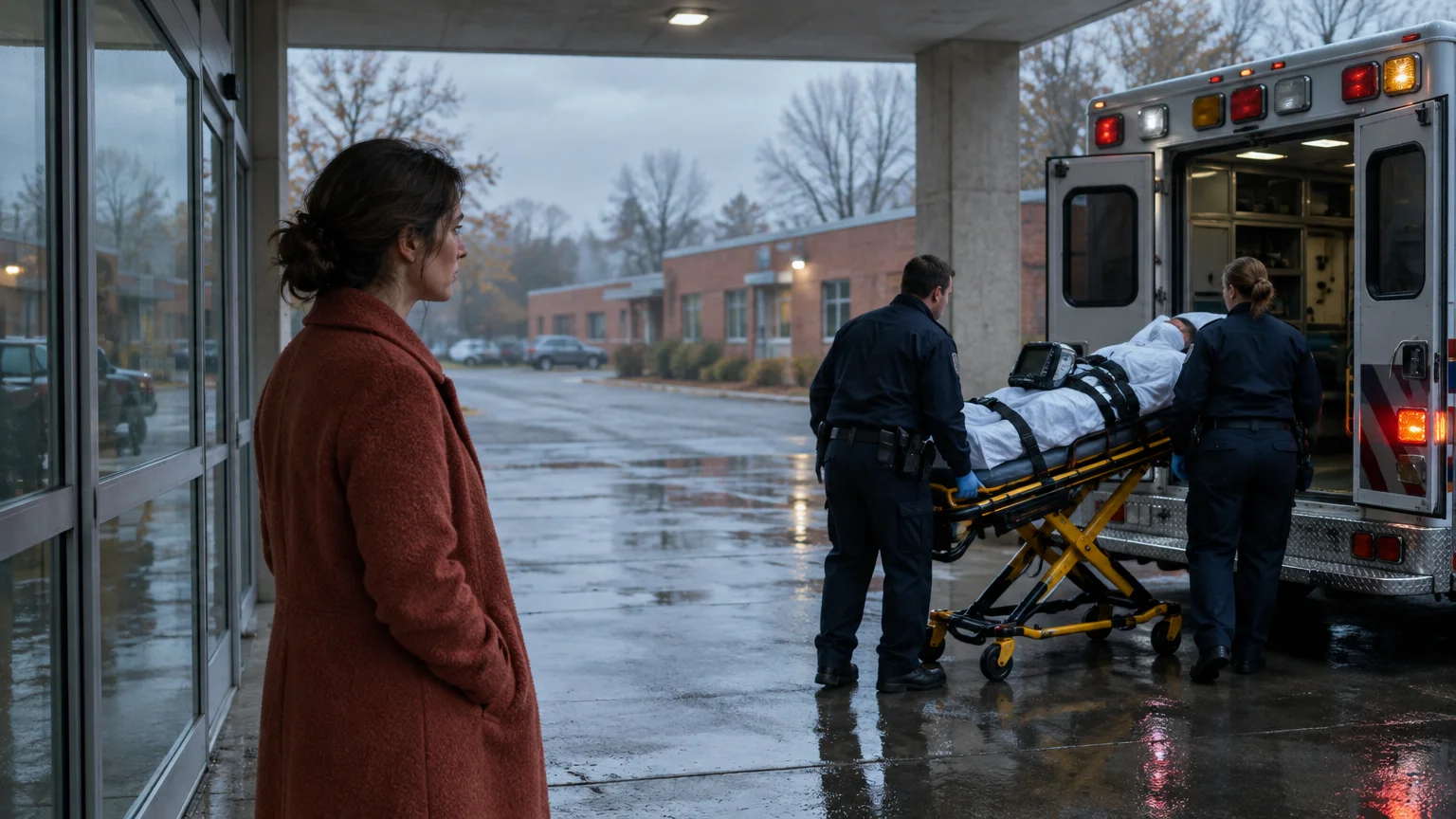 Paramedics wheel a patient on a stretcher toward an open ambulance while a woman in an orange coat looks on.