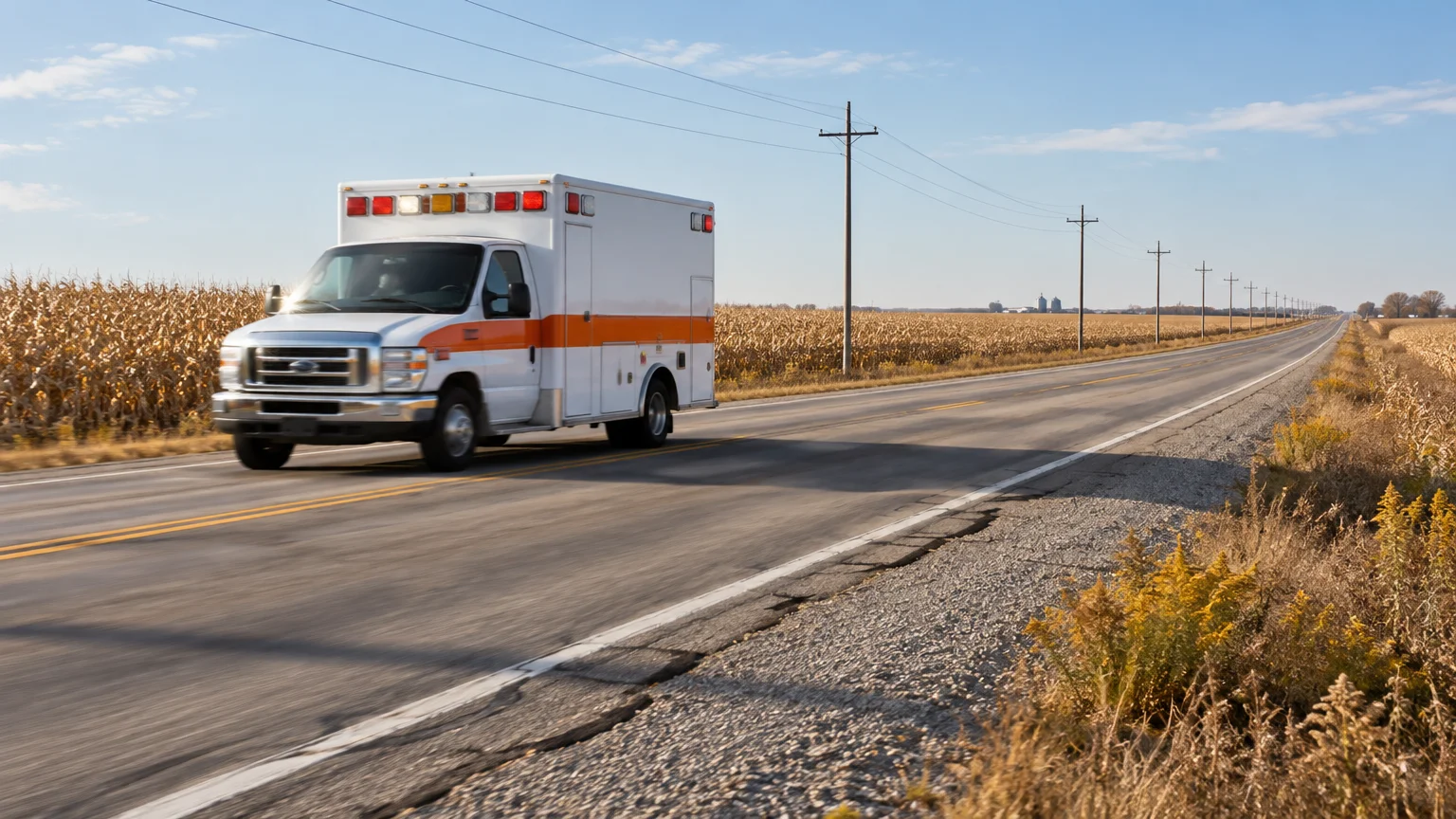 White ambulance with an orange stripe driving along a two-lane rural road past cornfields under a clear sky.