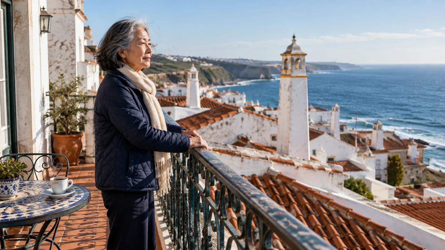 Older woman on a balcony overlooking whitewashed coastal village buildings with red-tile roofs and the blue ocean.