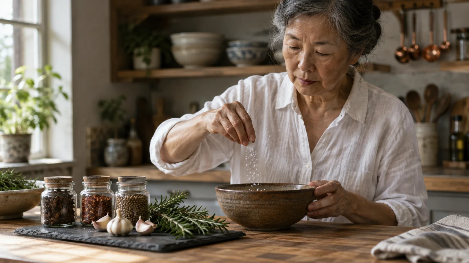 A senior woman pinches salt over a ceramic bowl on a wooden counter beside jars of spices, rosemary, and garlic.