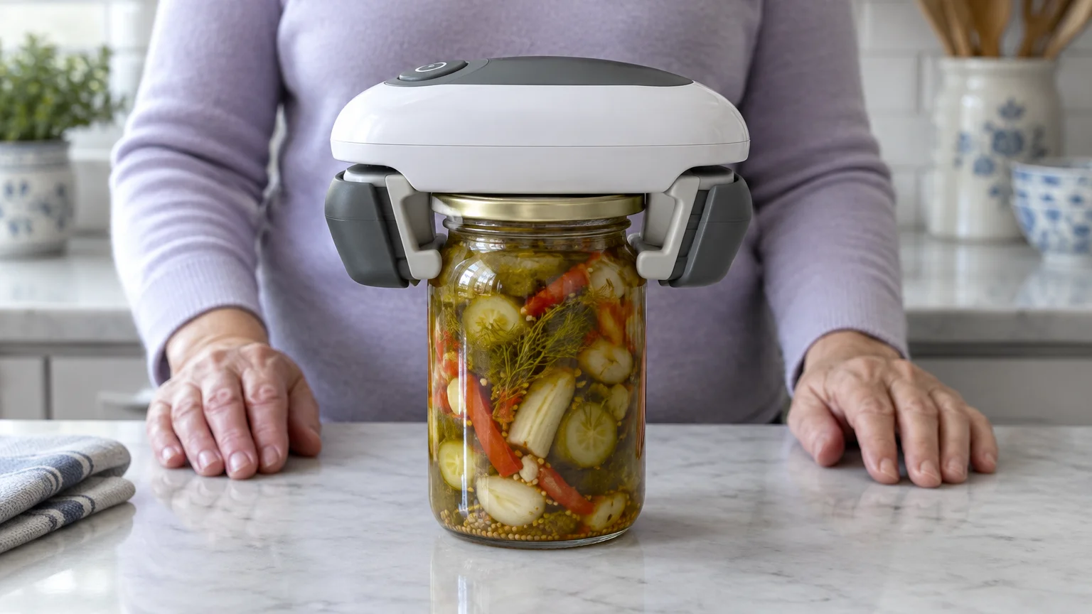 Electric jar opener attached to a glass pickle jar on a counter, with a person standing behind it.