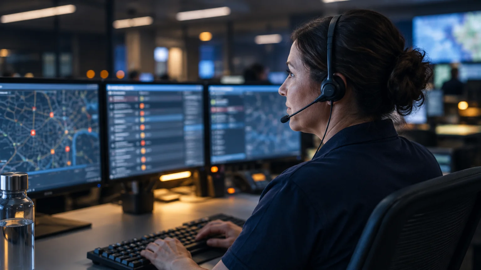 Dispatcher wearing a headset sits at a desk with multiple computer monitors displaying maps and data.