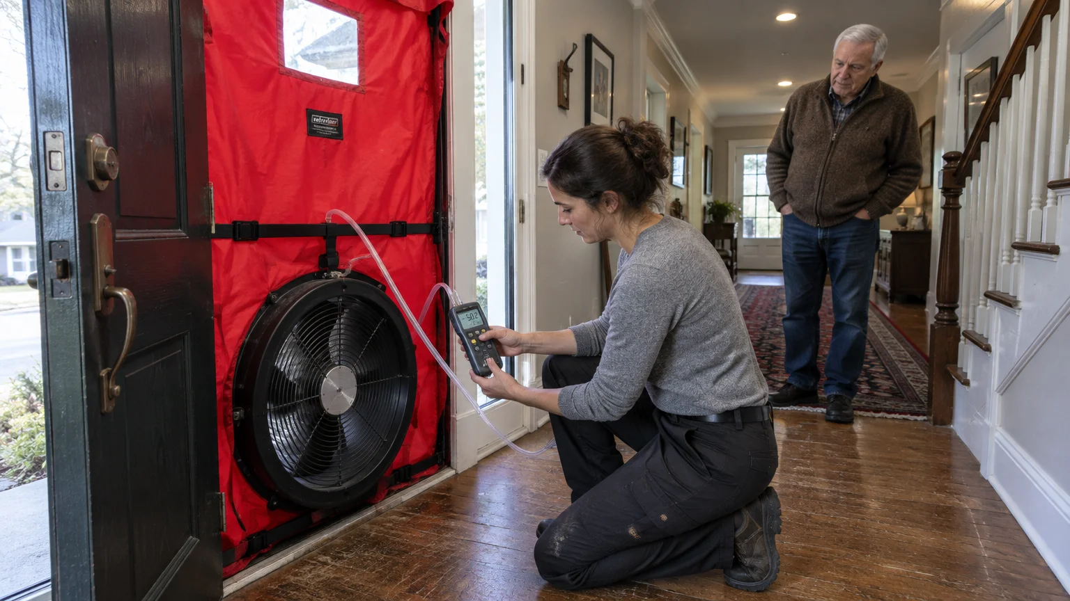A technician kneels beside a red blower door fan and digital manometer while a homeowner watches in a hallway.