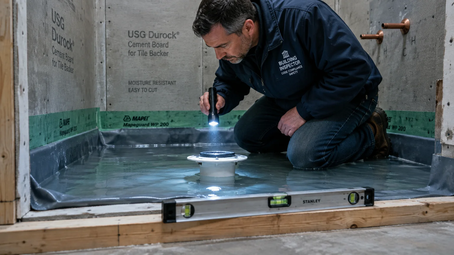 Building inspector kneeling in a water-filled shower pan liner, shining a flashlight down on the drain flange.