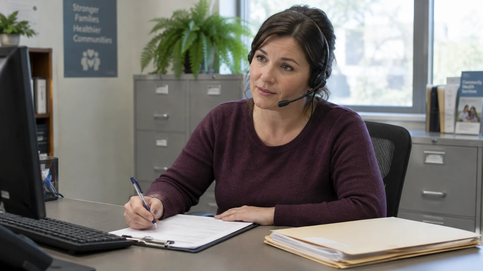 Woman wearing a headset sitting at an office desk with a computer, writing on paperwork attached to a clipboard.