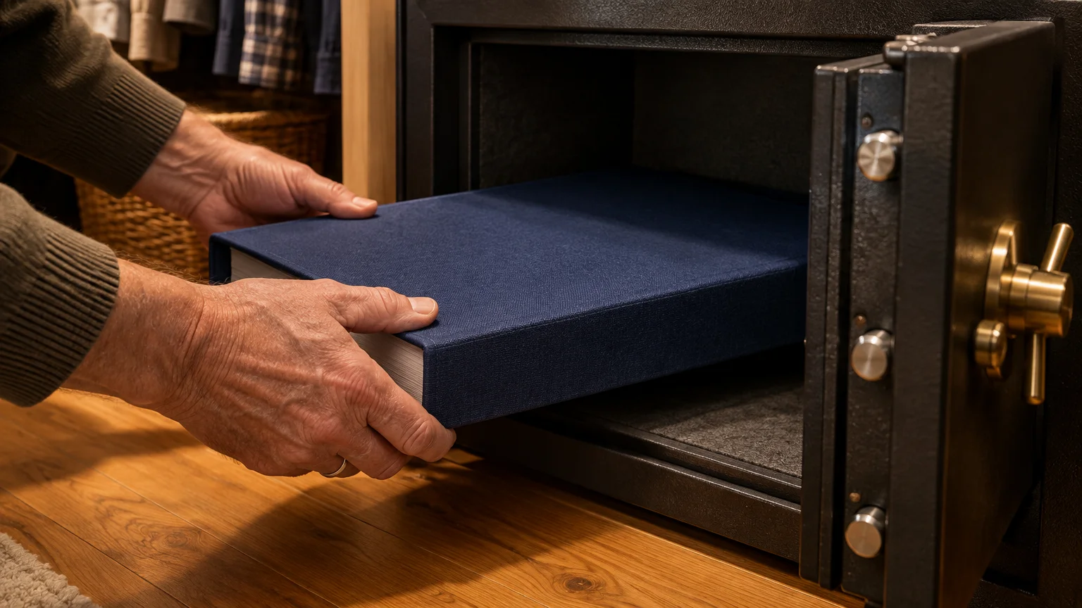 Close-up of a person's hands placing a thick blue hardcover binder into an open metal safe on a wooden floor.