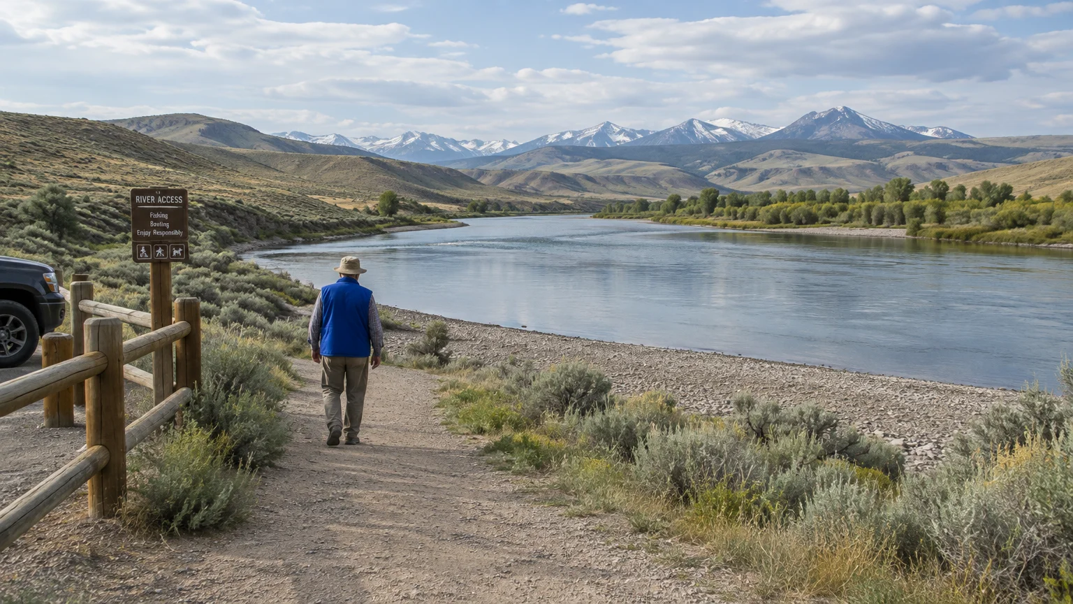 A man walks down a dirt trail beside a wide river near a wooden fence, sign, and distant snowcapped mountains.