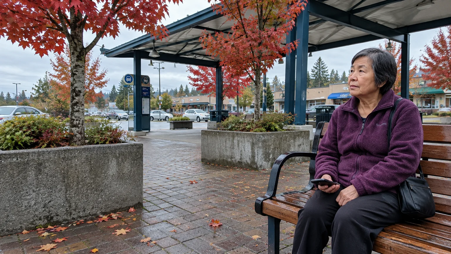Woman in a purple fleece jacket sits on a wet wooden bench at an outdoor transit plaza beneath red autumn trees.
