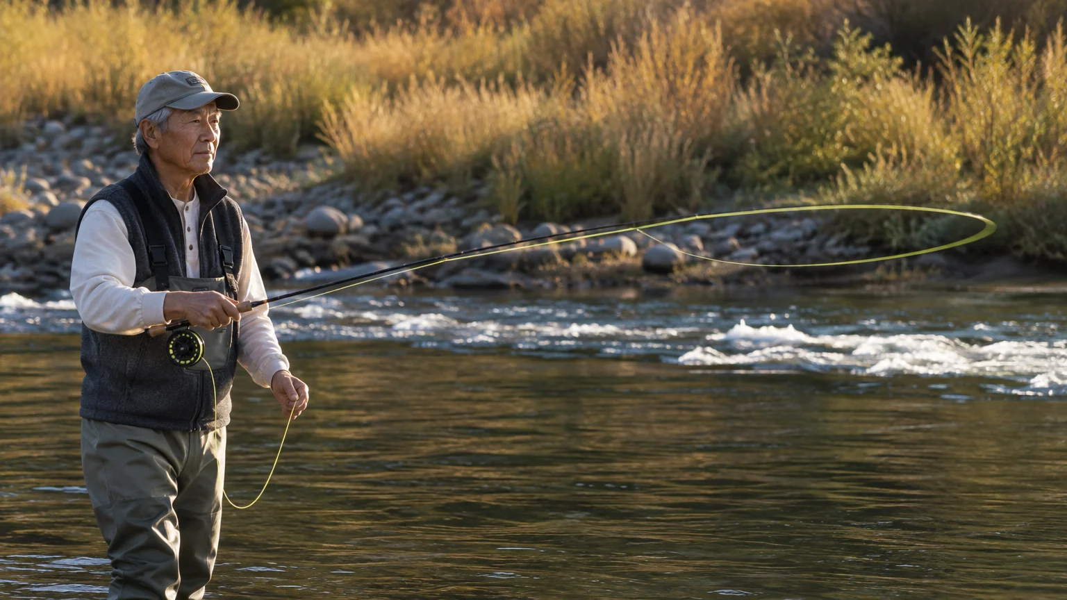 An older man wearing a cap and waders fly fishes in a river, looping yellow fishing line over moving water.