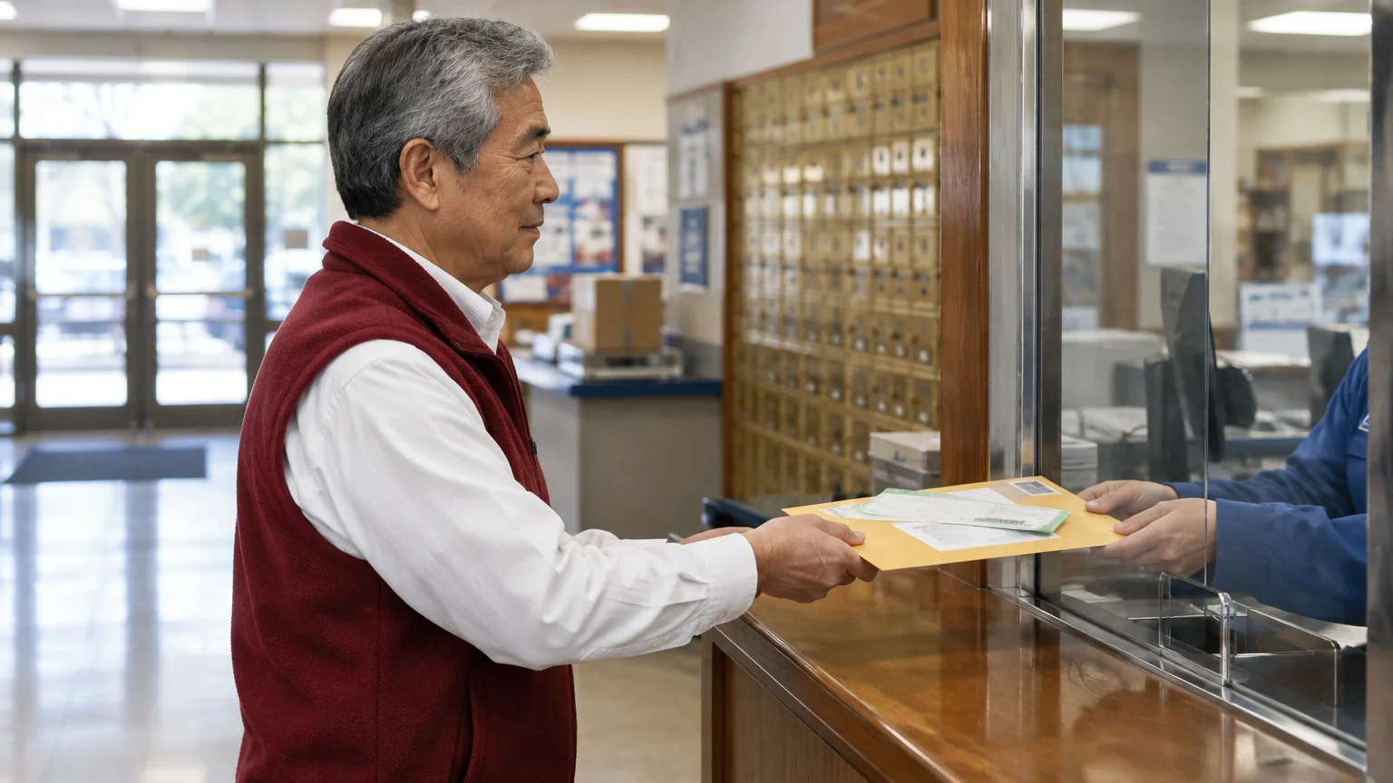 A man in a red vest hands a large yellow envelope through a service counter window to a clerk.