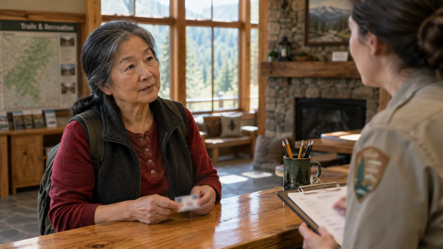 A senior woman shows an ID card across a wooden desk to a park ranger holding a clipboard inside a lodge.