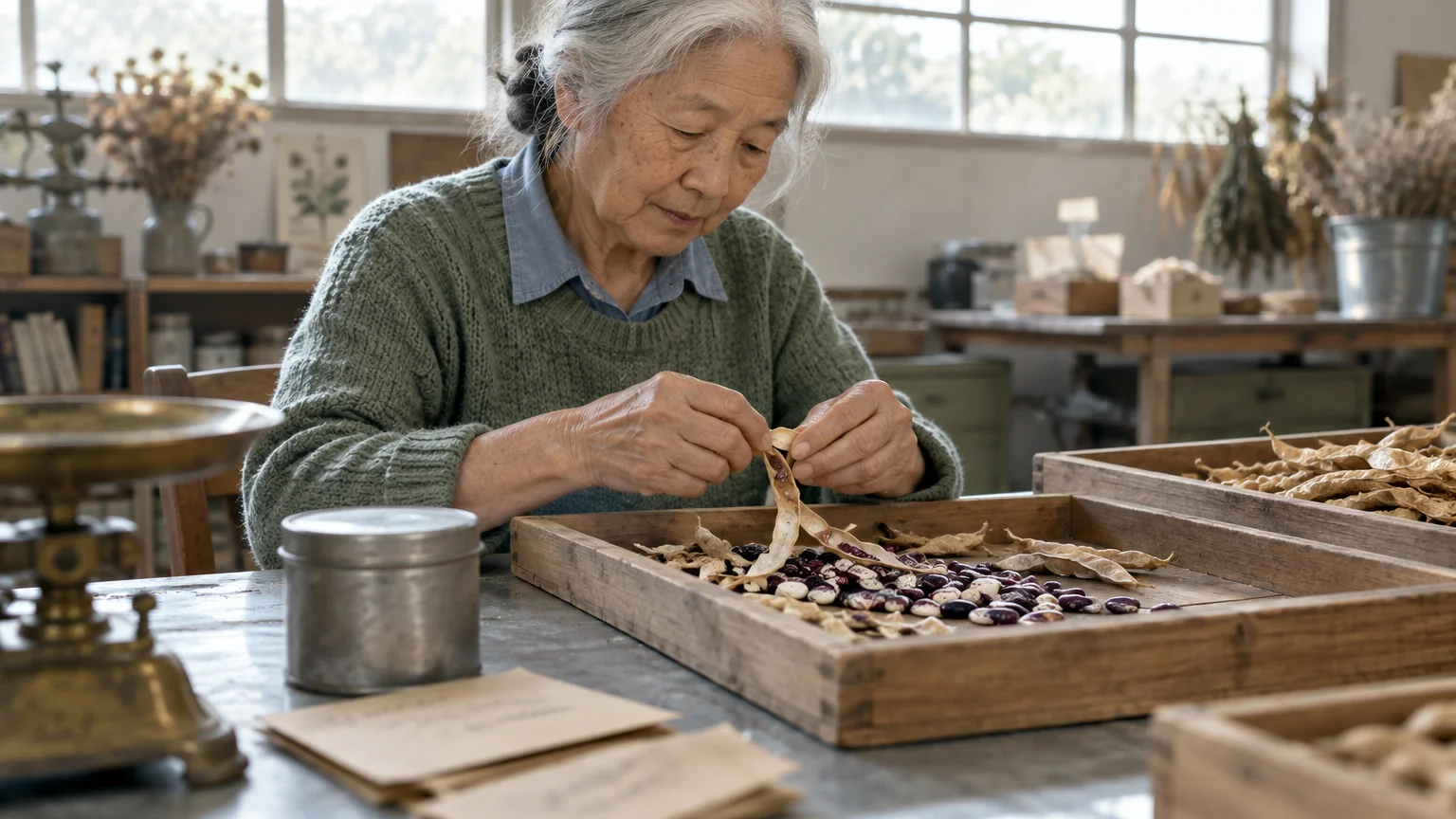 Senior woman sitting at a rustic wooden table shelling bean pods into a tray alongside seed packets and scales.
