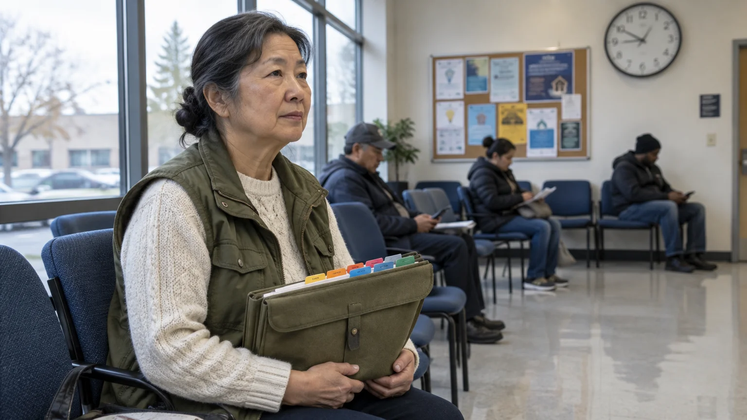 A woman holds a document folder while sitting in a waiting room with other applicants seated nearby.