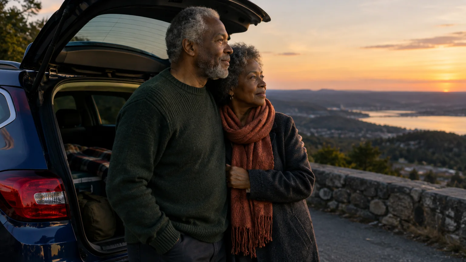 An older couple embraces by the open trunk of an SUV, looking at a scenic sunset over a river valley.
