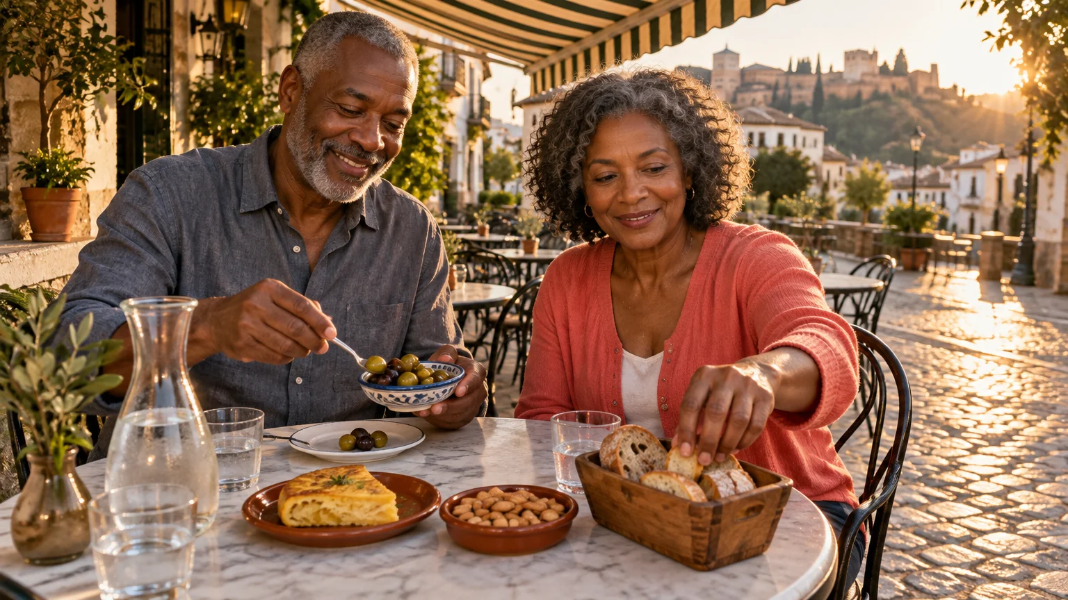 An older couple sitting at an outdoor cafe terrace eating bread, olives, and tortilla with a fortress in the background.