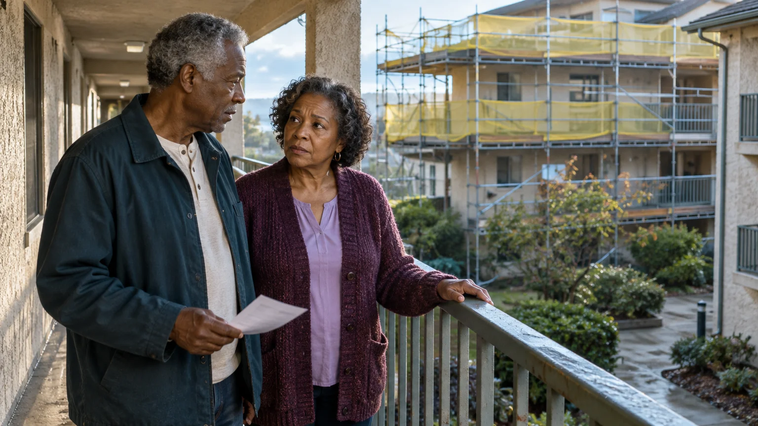 An older Black couple stands on an apartment walkway holding paperwork, looking at nearby building scaffolding.
