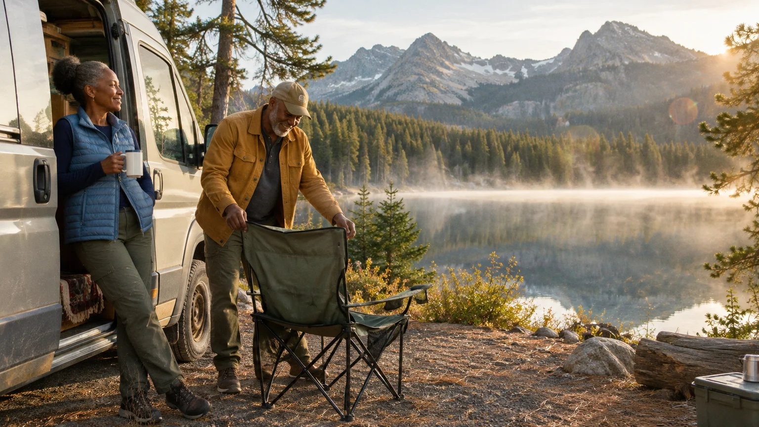 An older couple sets up camp beside their camper van along a misty mountain lake at sunrise.