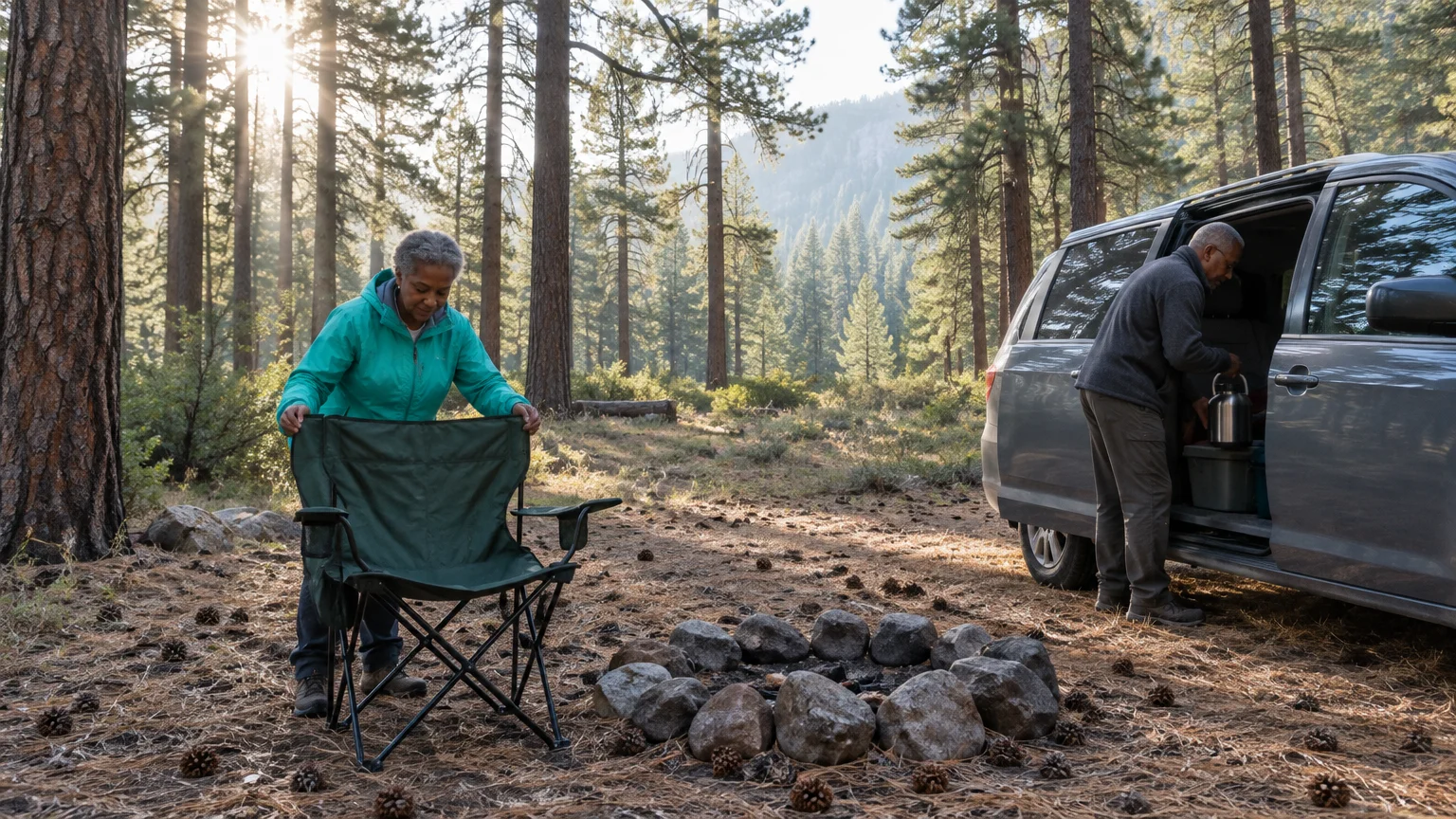 A woman unfolds a camp chair near a stone fire ring while a man unpacks gear from a minivan in a sunny pine forest.