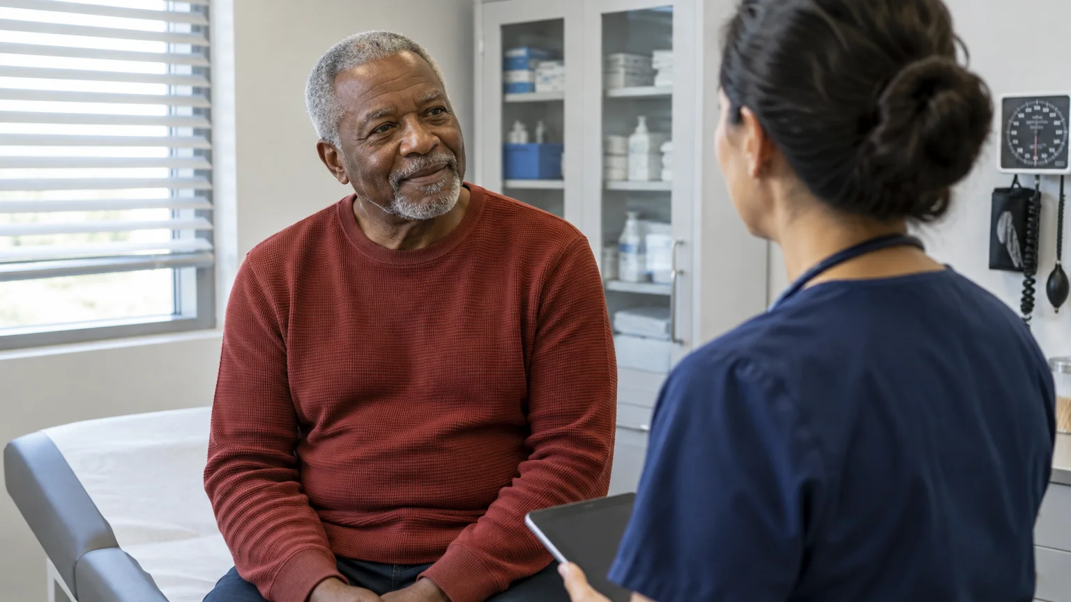 Senior man in a maroon sweater sitting on an exam table listening to a healthcare provider in blue scrubs holding a tablet.