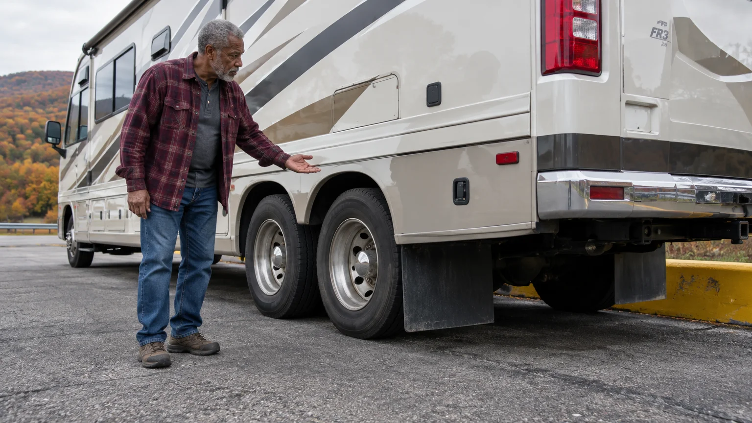 A man in a flannel shirt points toward the rear wheels and side panel of a large motorhome parked on asphalt.