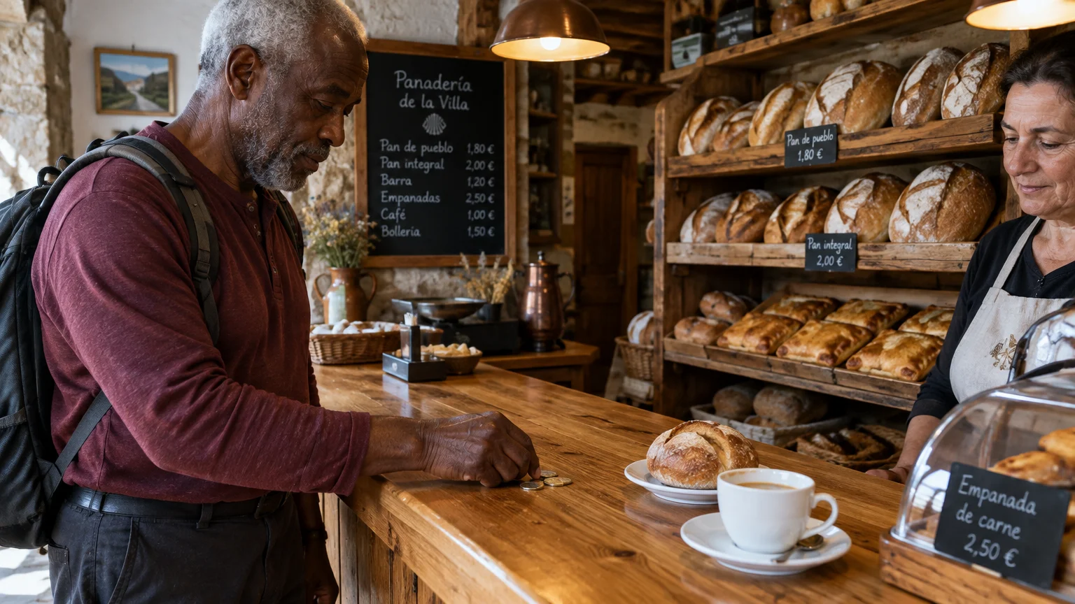 A senior man with a backpack places coins on a wooden bakery counter beside coffee and bread to pay the baker.