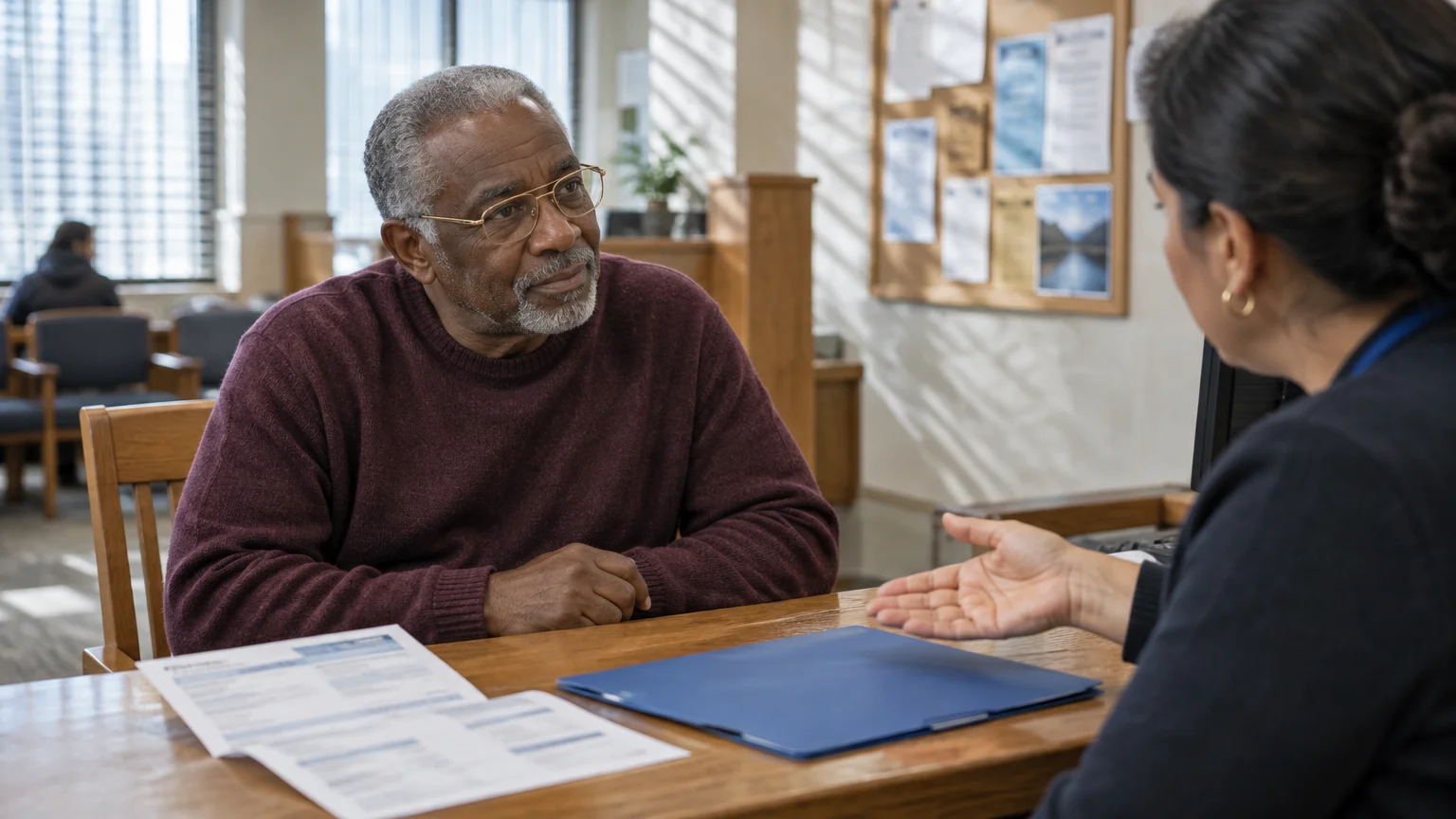 An older man in glasses talks with an office worker across a wooden desk holding papers and a blue folder.