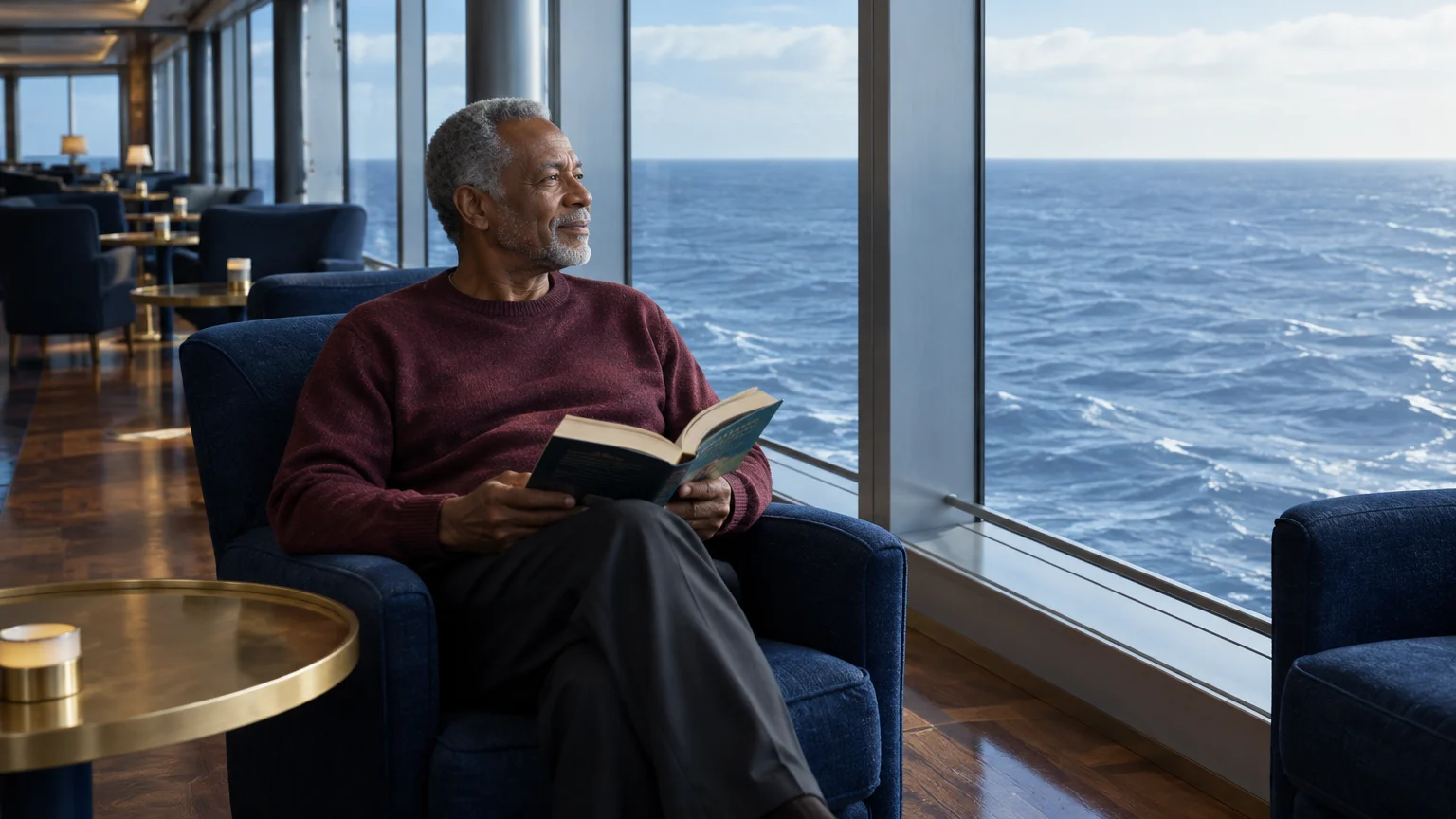 Senior man sitting in an armchair by large cruise ship windows overlooking the open ocean while holding an open book.