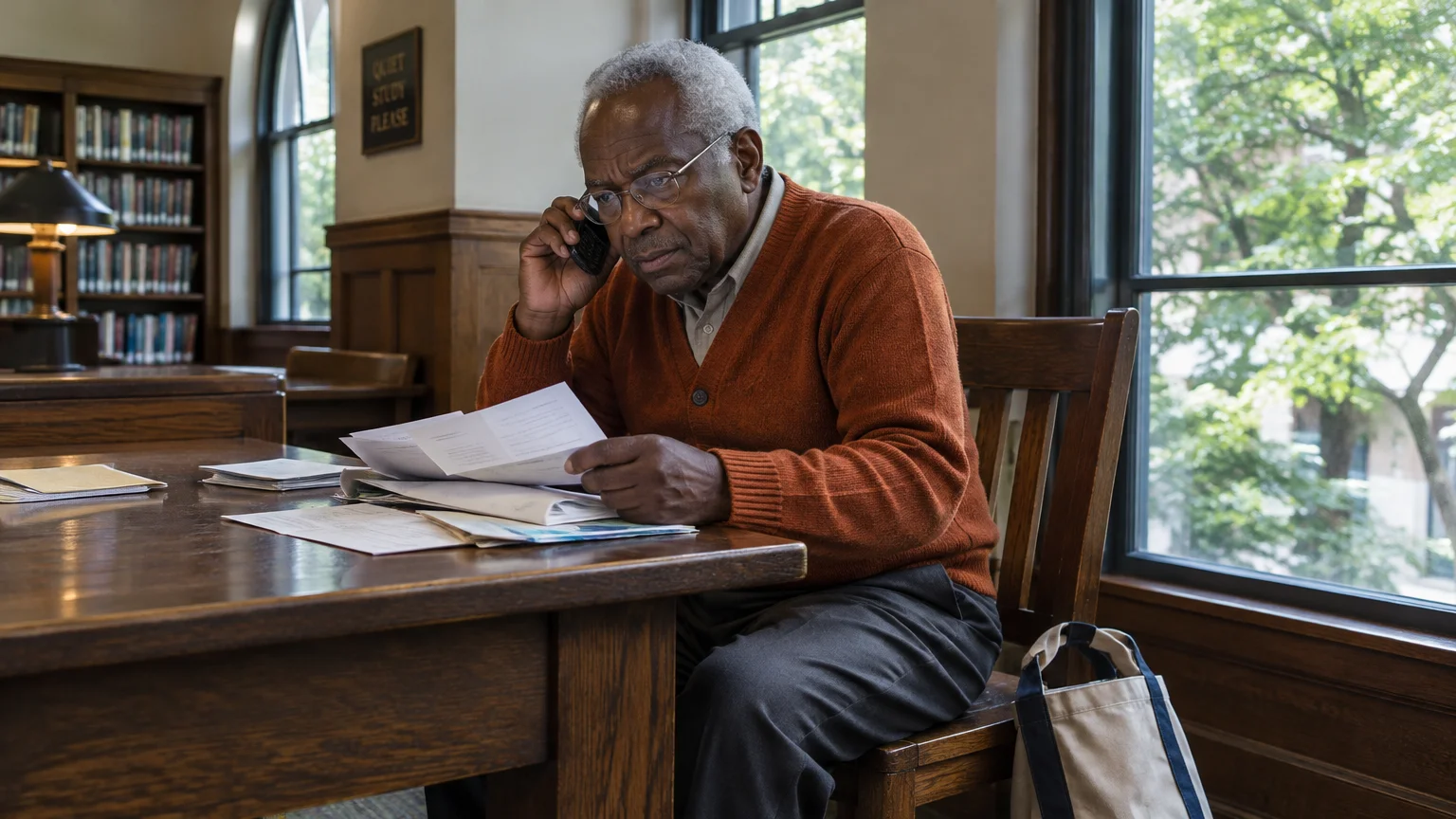 An older Black man talking on a mobile phone while reviewing papers at a wooden desk in a library.