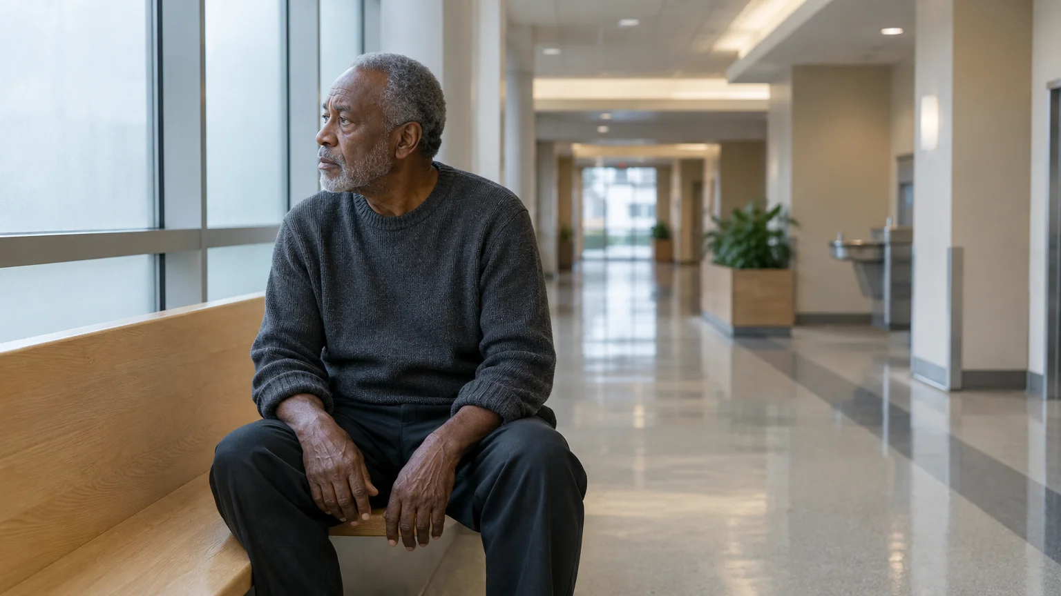 An older man sits on a wooden bench in an empty hospital corridor, gazing out a large window.