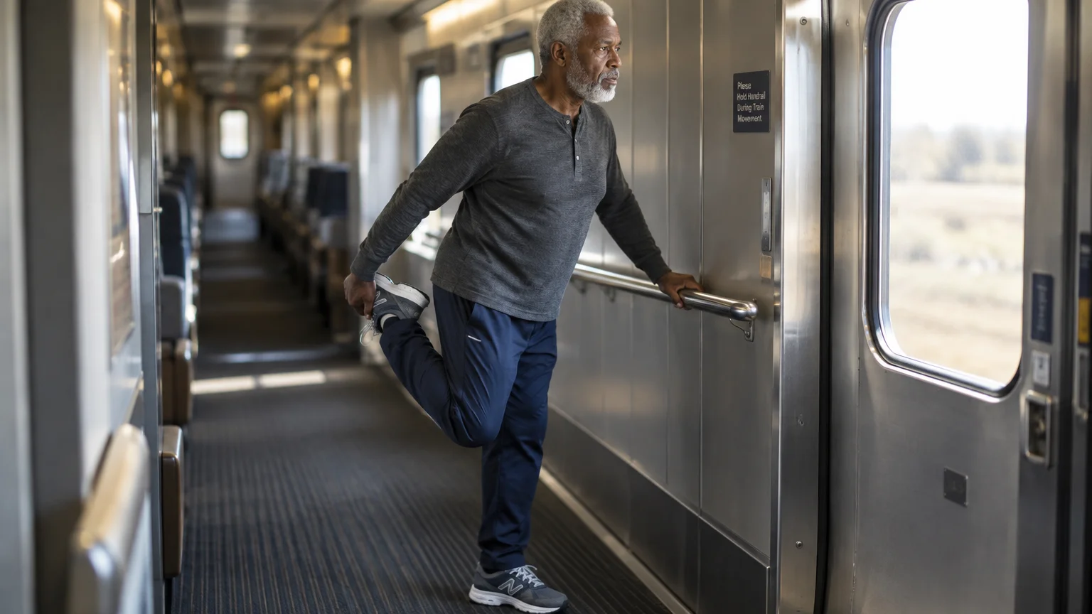 An older Black man in athletic wear stretches his leg while holding a handrail in a moving passenger train corridor.