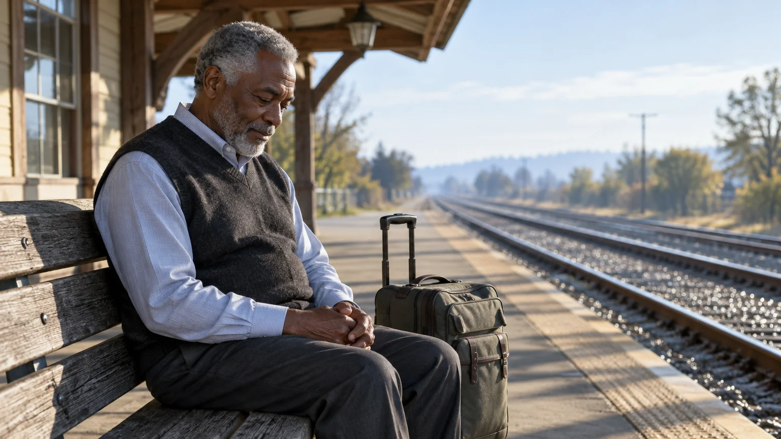 A senior Black man sits on a wooden bench next to his luggage on an outdoor train station platform.