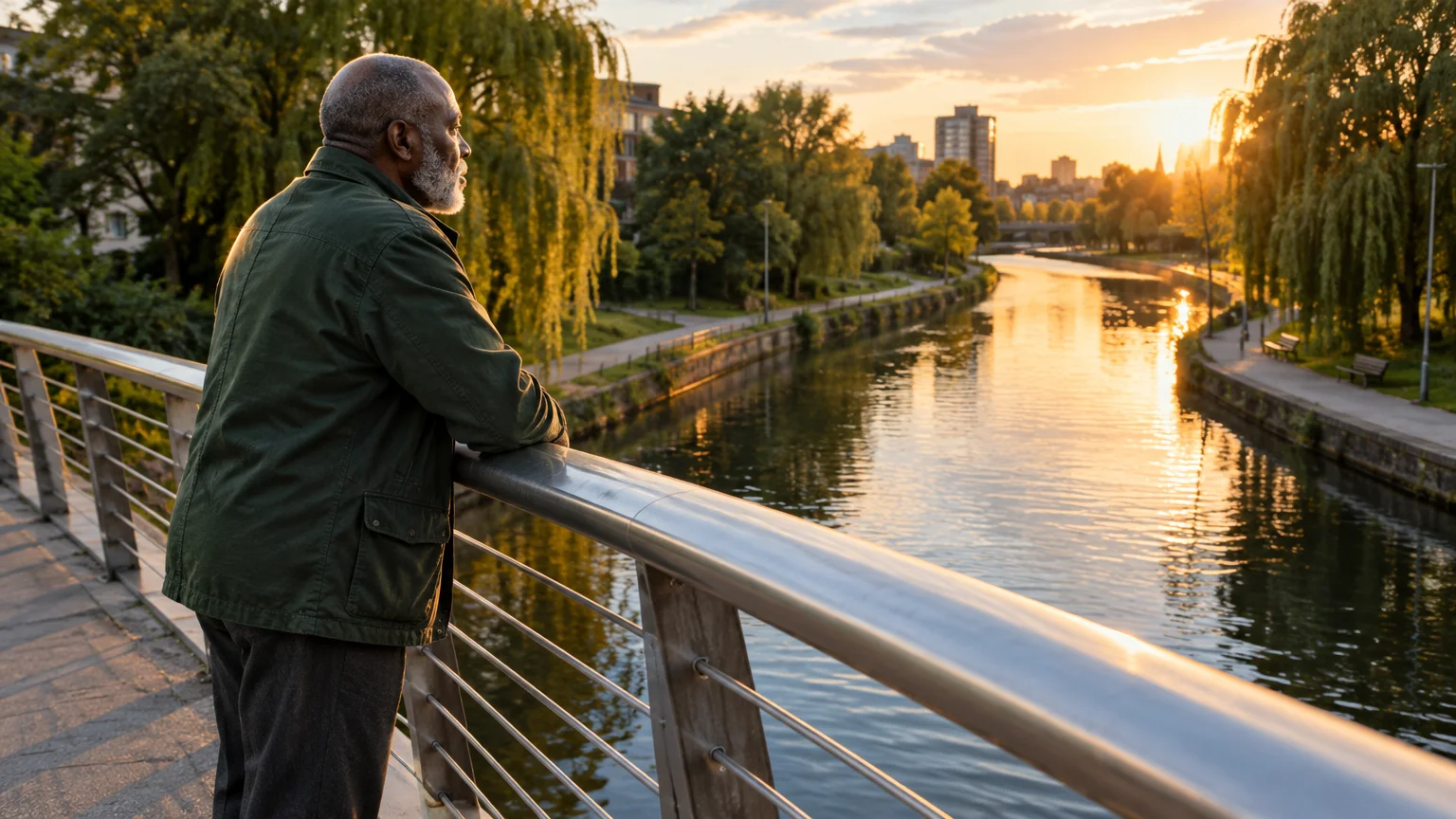Senior Black man leaning against a bridge railing, looking out over a river lined with trees during sunset.