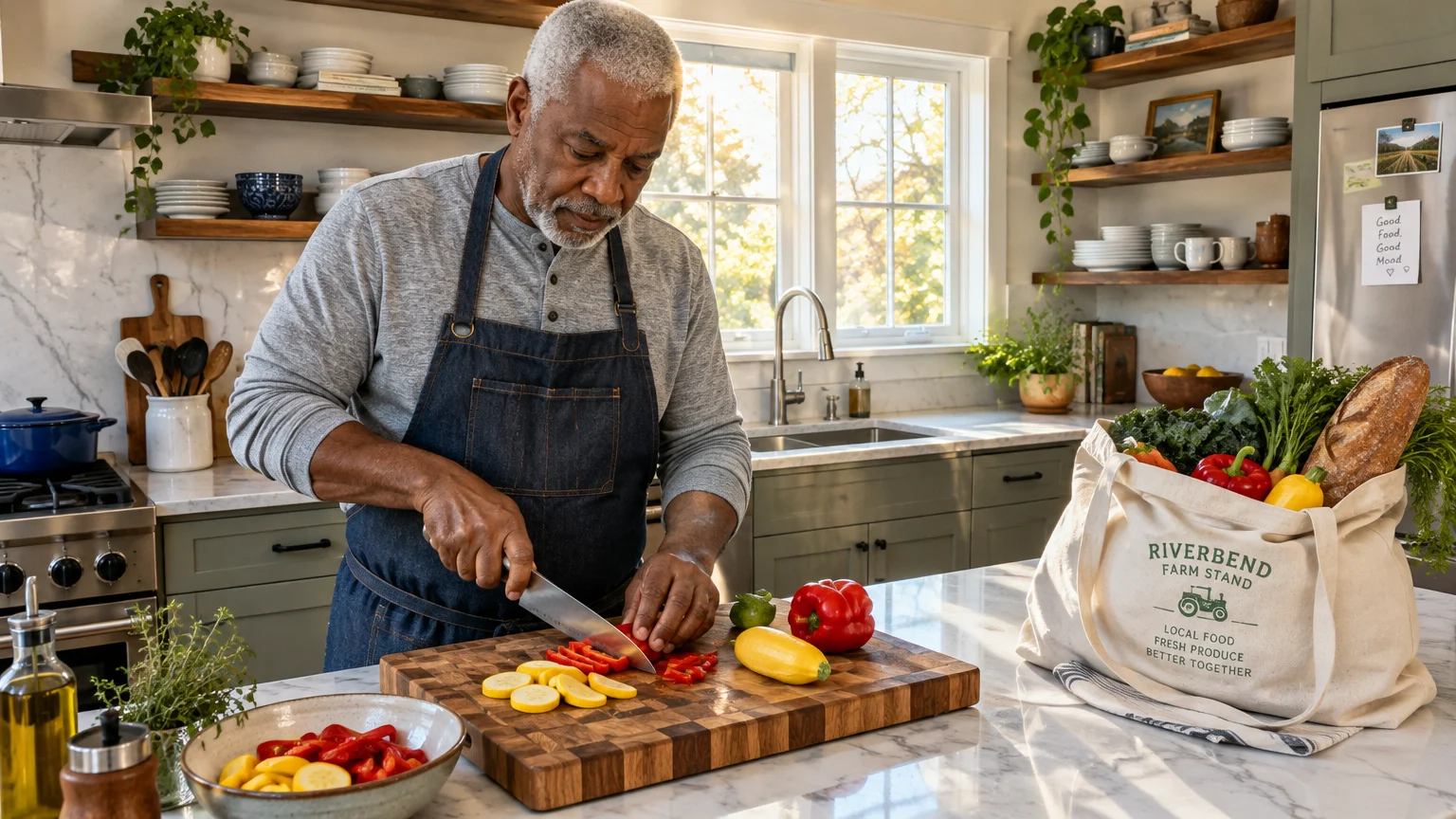 Senior man in a denim apron slicing bell peppers on a wooden cutting board beside a tote bag full of groceries.