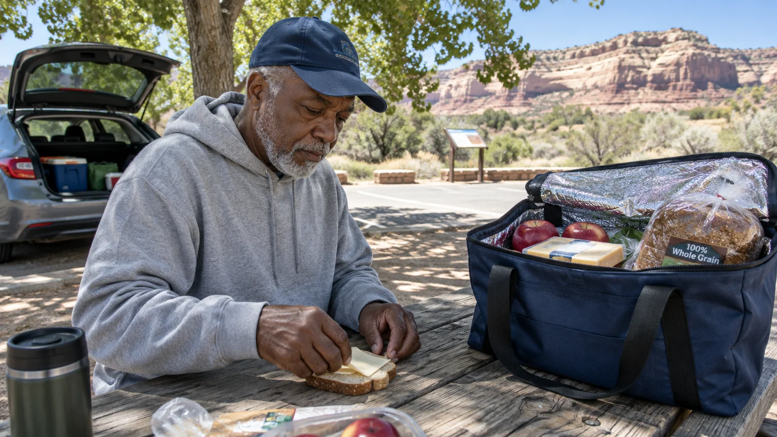 Older man making a sandwich at a wooden picnic table beside an open insulated tote bag near a car with an open hatchback.