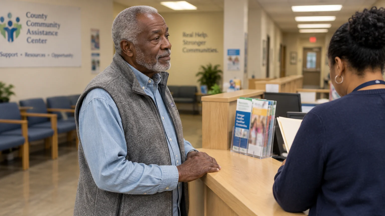 Senior man speaking with a receptionist at a community assistance center reception counter.