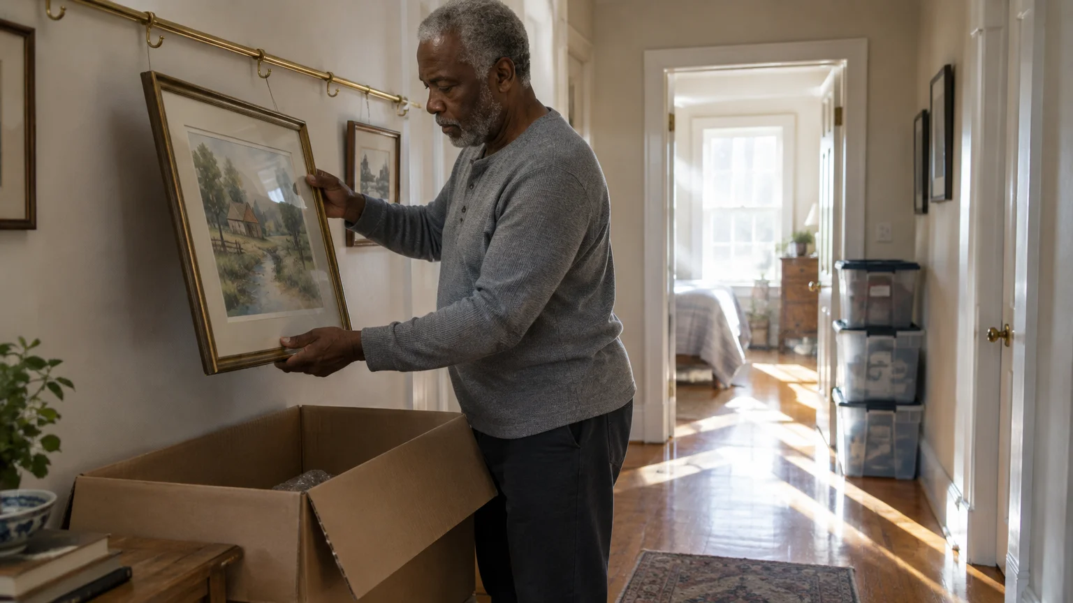 An older man packing a framed painting into a cardboard moving box in a sunlit hallway.