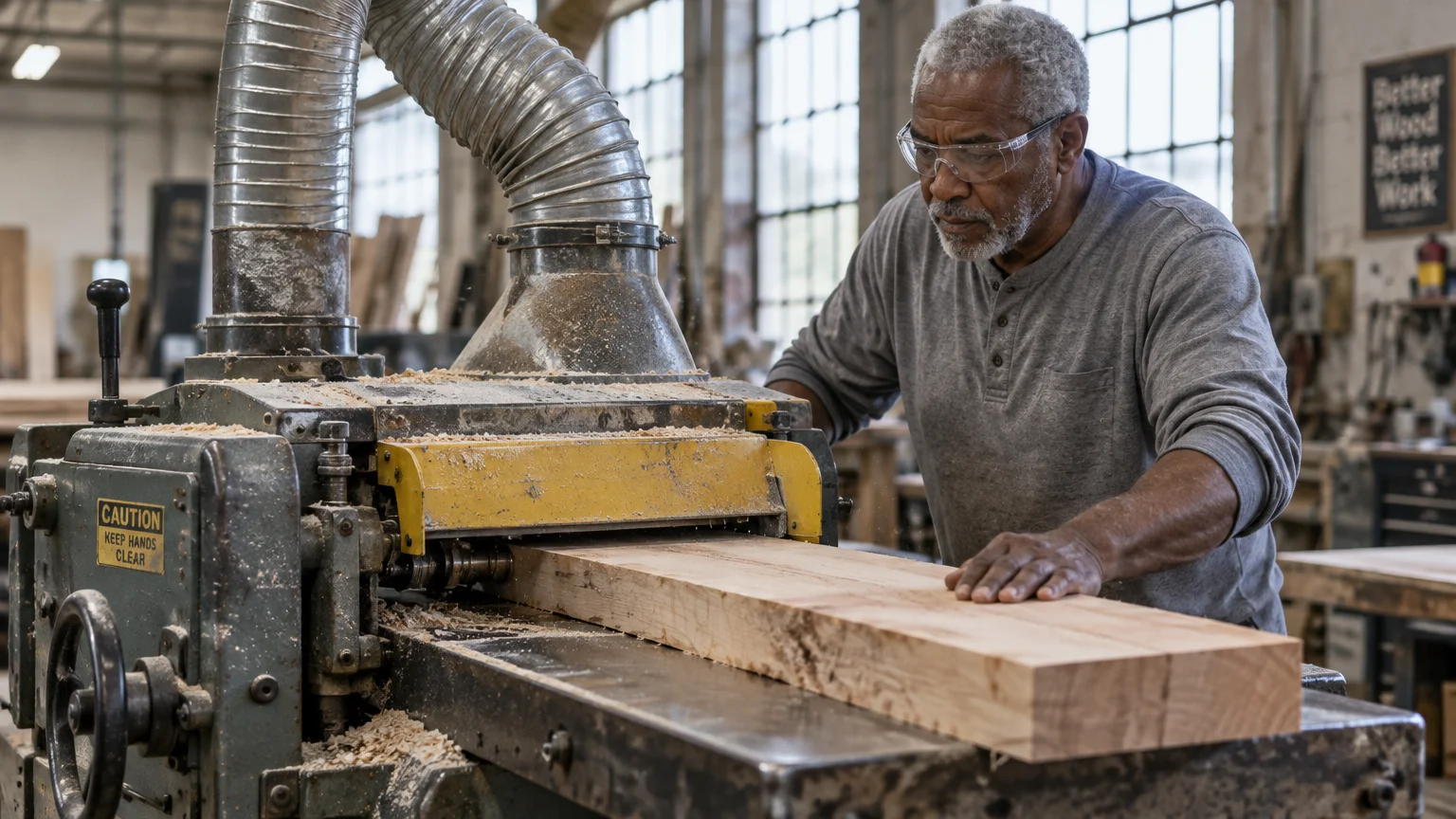 A man wearing safety glasses feeds a thick wooden board into a heavy industrial planer inside a workshop.