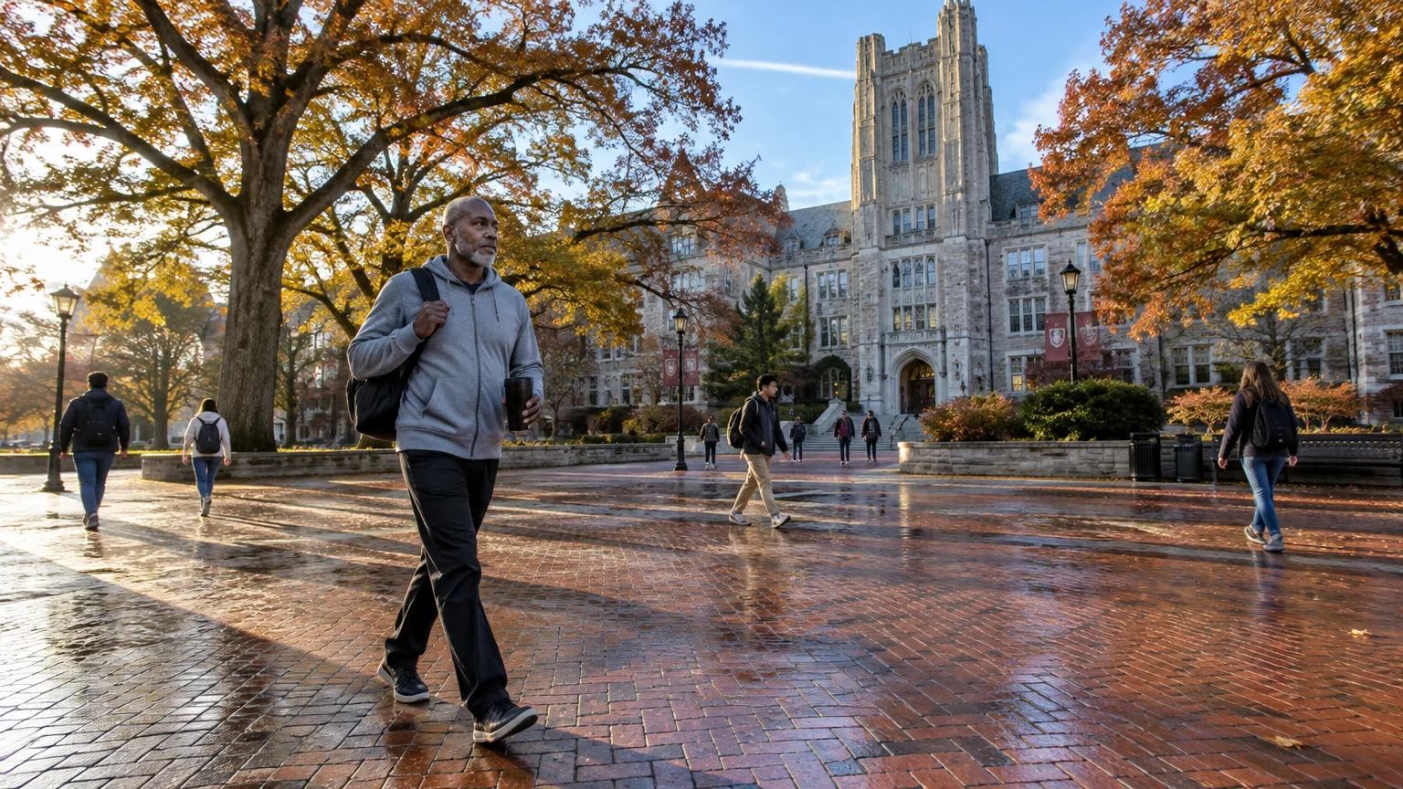 Mature man walking across a wet brick university plaza lined with autumn trees and stone Gothic campus buildings.