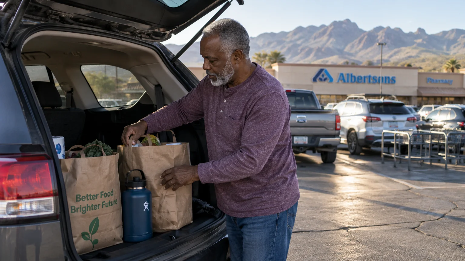 A man loads paper grocery bags into an SUV trunk in a supermarket parking lot in front of mountains.