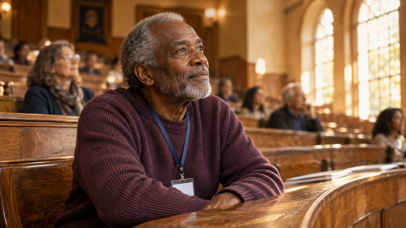 Senior Black man with a gray beard and lanyard sitting at a wooden tiered desk in a lecture hall.