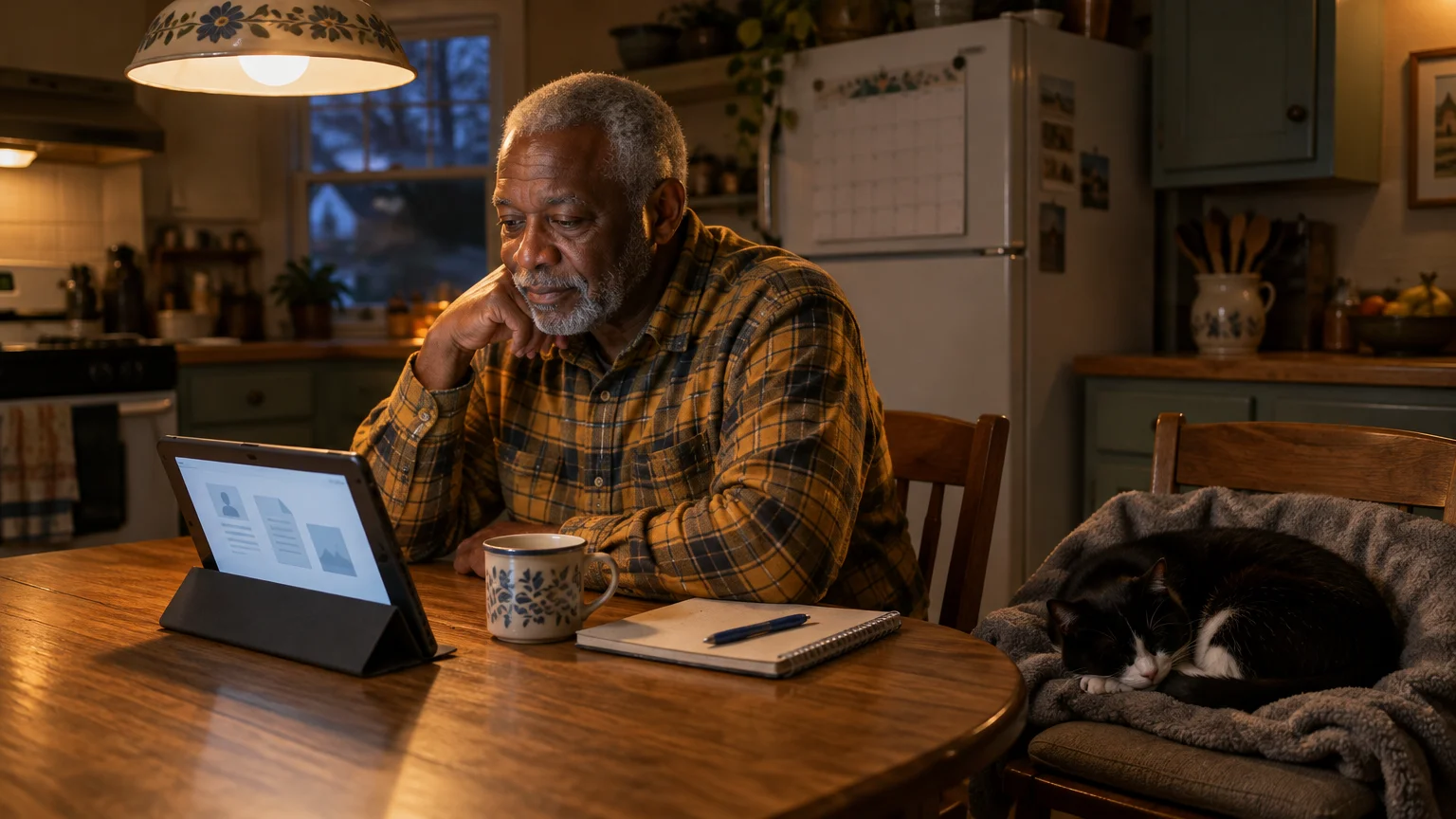 Senior man sitting at a kitchen table looking at a tablet while a black-and-white cat sleeps on a nearby chair.