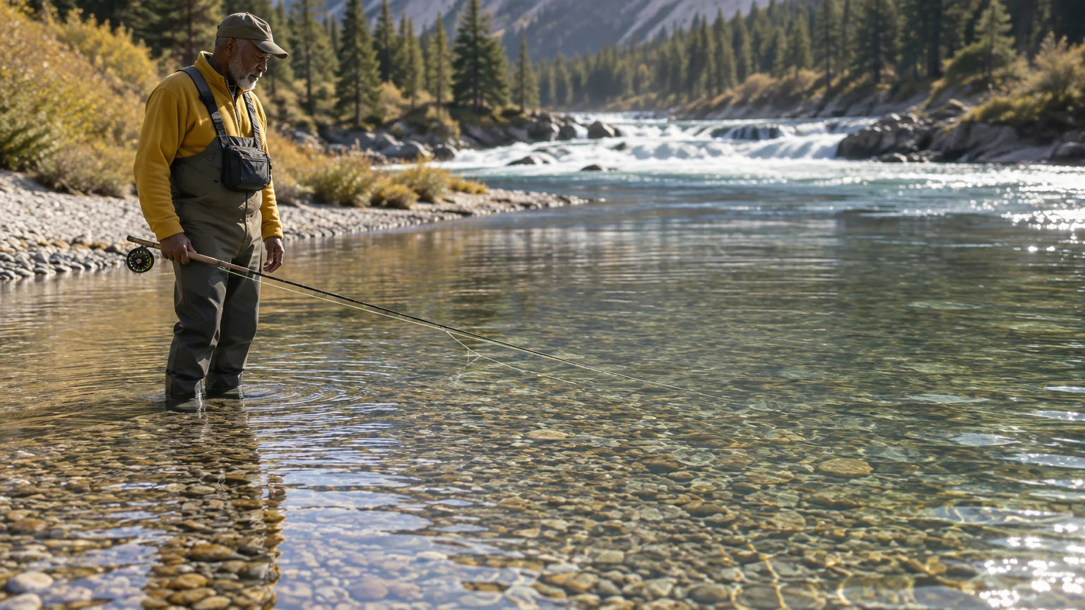 Senior man in waders holding a fly fishing rod while standing in a clear, shallow river with a gravel bed.