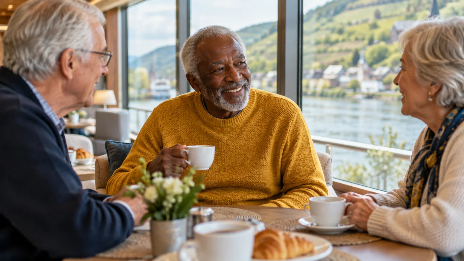 Three senior adults smiling and drinking coffee at a dining table inside a ship lounge beside large scenic river windows.