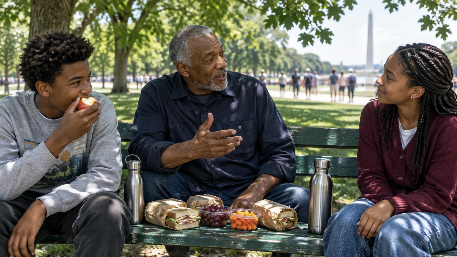 Older man and two teens eating packed sandwiches and fruit on a park bench, with the Washington Monument in the background.