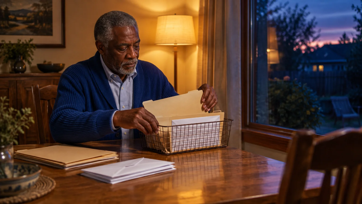 Senior man sitting at a wooden dining table reviewing paper documents and mail from a wire basket in the evening.