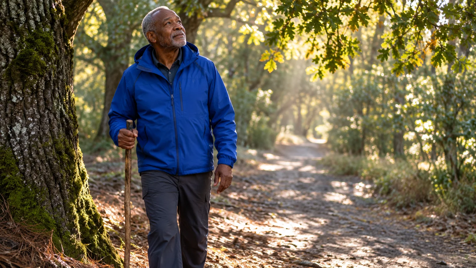 An older man with a walking stick walks along a sunlit forest trail beside a large oak tree.